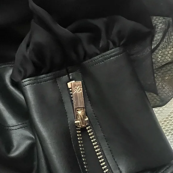 Honey Birdette RARE Black Sheer Mesh and Faux Leather Plunge Bodysuit - Picture 6 of 8